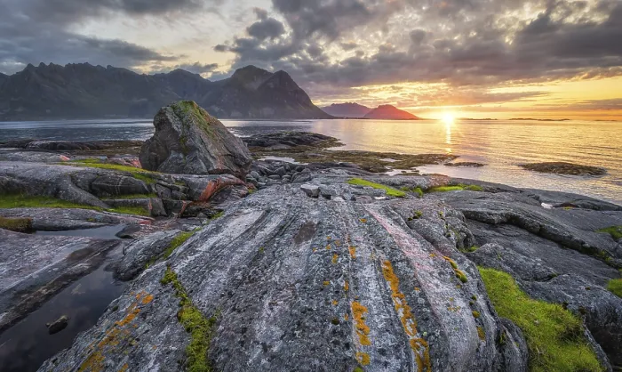 Framed Print : Sunset at the sea, in front rocky coast with grass and lichens