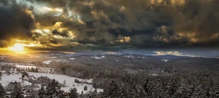 Framed Print : Sunset over the snowy winter landscape near Neuschoenau