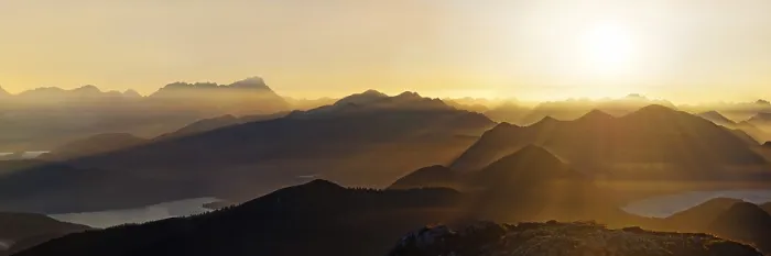 Framed Print : Sunset with view on the Jachenau with Walchensee and Zugspitze with Wetterstein range