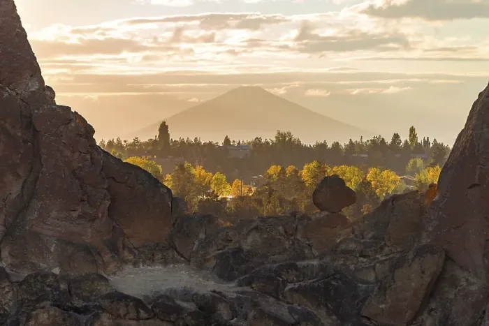 Framed Print : Sunset, view over rocks to Mount Mt Hood in the distance