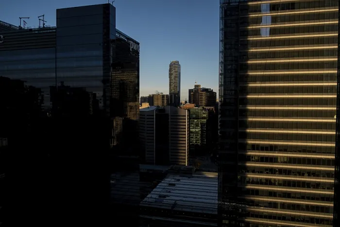 Framed Print : Sunset view of skyscrapers with dramatic reflections in Toronto