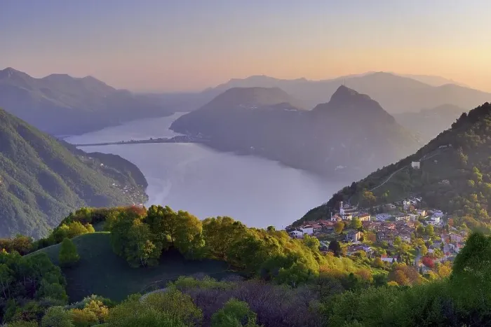 Framed Print : Sunset, village Bre sopra Lugano with lake Lugano Framed Print : Sunset, village Bre sopra Lugano with lake Lugano