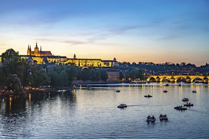 Framed Print : Sunset over the Vltava River, Charles Bridge and Prague Castle in Prague