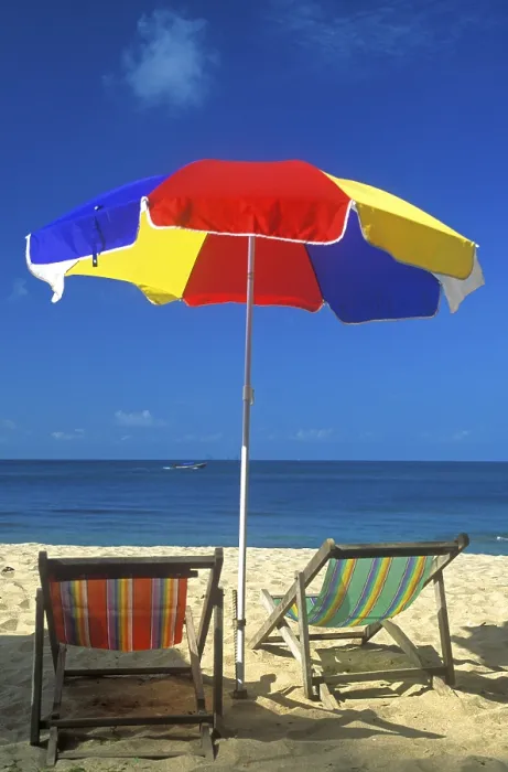 Framed Print : Sunshade and deckchairs on a beach on the island of Ko Lanta