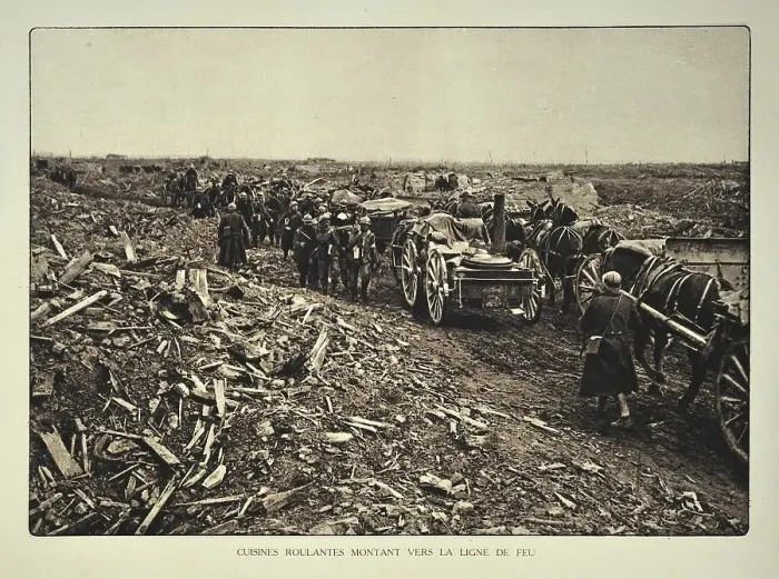 Framed Print : Supply convoy heading for the battlefield through bombarded terrain in Flanders during the First World War