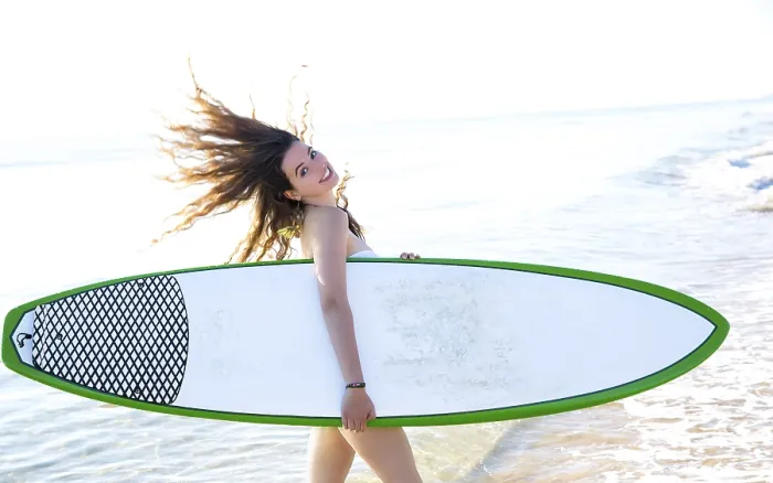 Framed Print : Surf beautiful girl with green surfboard in beach shore Framed Print : Surf beautiful girl with green surfboard in beach shore