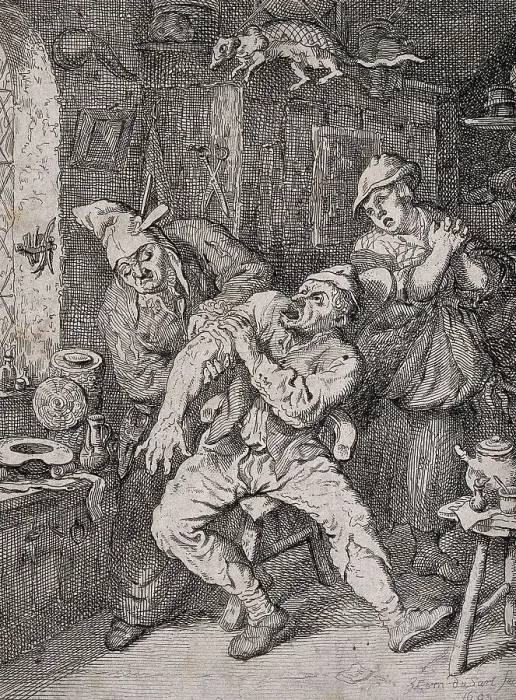 Framed Print : A surgeon applying a probe to the arm of a screaming patient