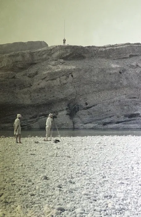 Framed Print : Survey work on the dry riverbed of the Nai Gaj Gorge at low water, assessment of the possibility of damming the river, Sindh, Pakistan 1962