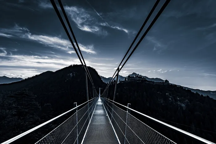 Framed Print : Suspension bridge Highline 179 with Tannheimer Bergen in the background Framed Print : Suspension bridge Highline 179 with Tannheimer Bergen in the background