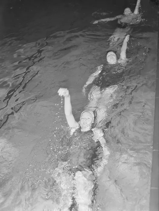 Framed Print : Swimming practice in the 1940s. Three young women are practising backstroke swimming. March 1940 Sweden Photo Kristoffersson ref 83-2