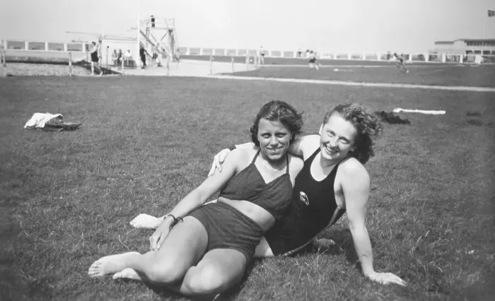 Framed Print : Swimwear, two friends in a swimming pool