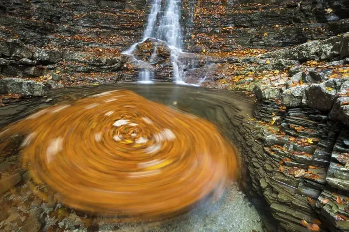 Framed Print : Swirling leaves in a Taugl river inlet