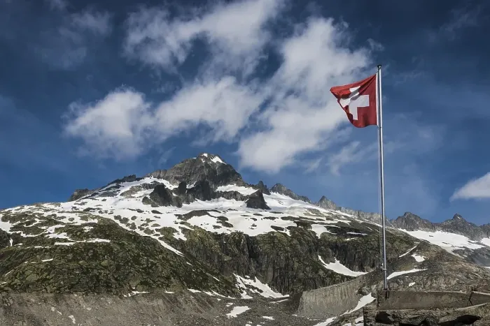 Framed Print : Swiss flag, Galenstock, view from Furka Pass Framed Print : Swiss flag, Galenstock, view from Furka Pass