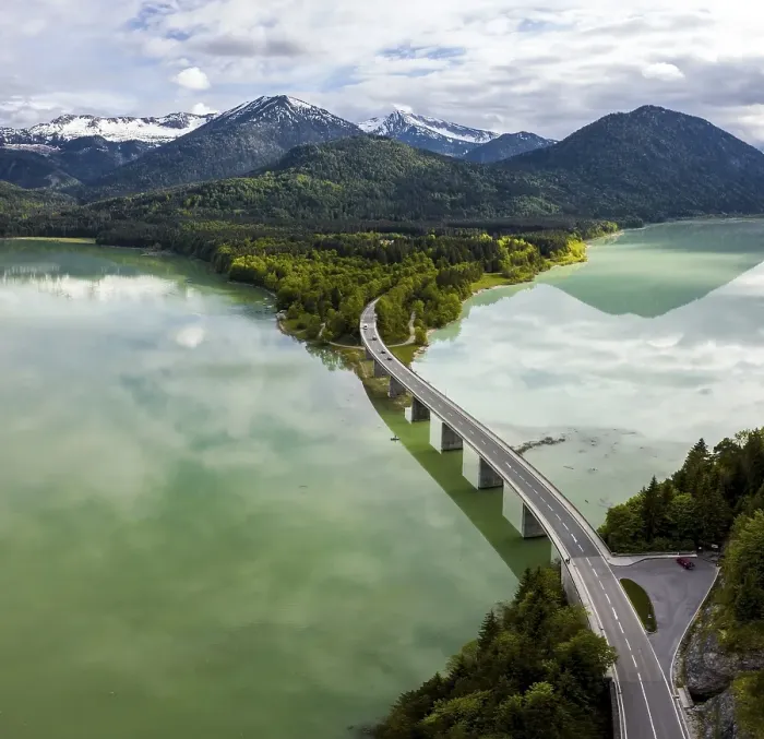 Framed Print : Sylvenstein lake and Faller-Klamm bridge, Sylvenstein reservoir, cloudy sky, near Lenggries, Isarwinkel, aerial view, Upper Bavaria, Bavaria, Germany, Europe