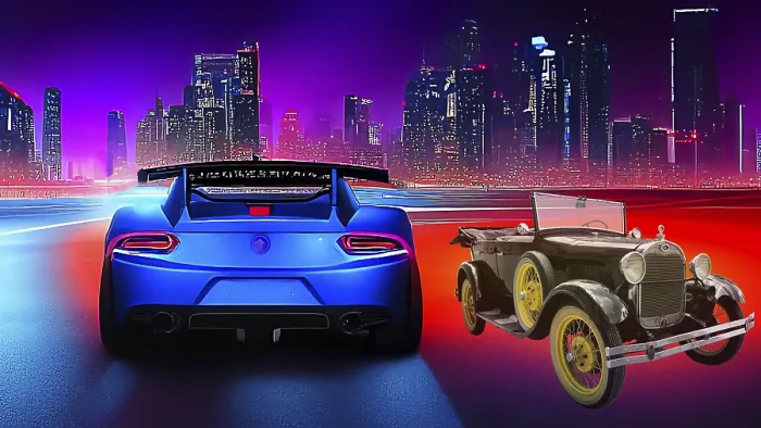 Framed Print : Symbolic image, automobile, comparison of classic and futuristic cars Framed Print : Symbolic image, automobile, comparison of classic and futuristic cars