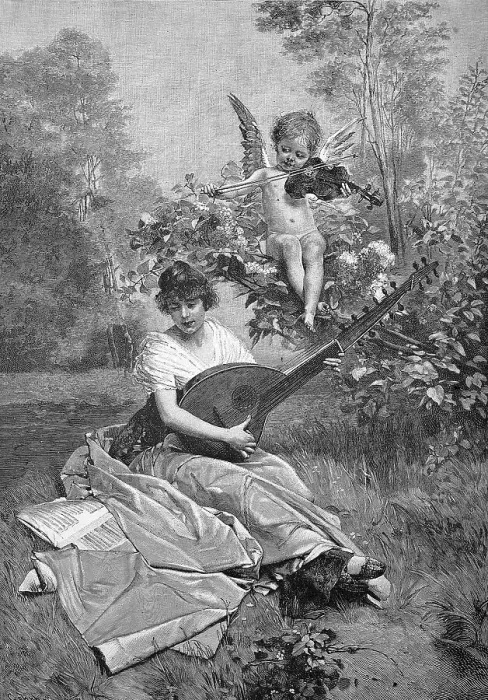 Framed Print : Symbolism for a love song, woman with lute in the garden