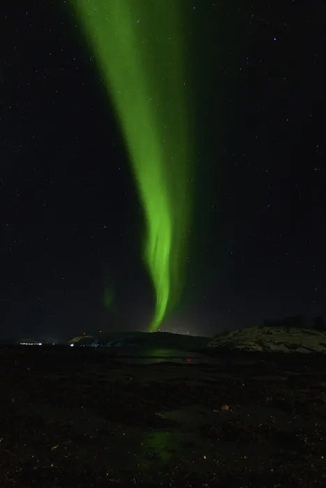 Framed Print : Tall green aurora streak traces the sky