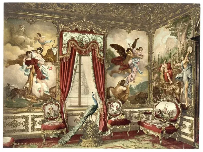 Framed Print : The tapestry wallpaper in Linderhof Palace