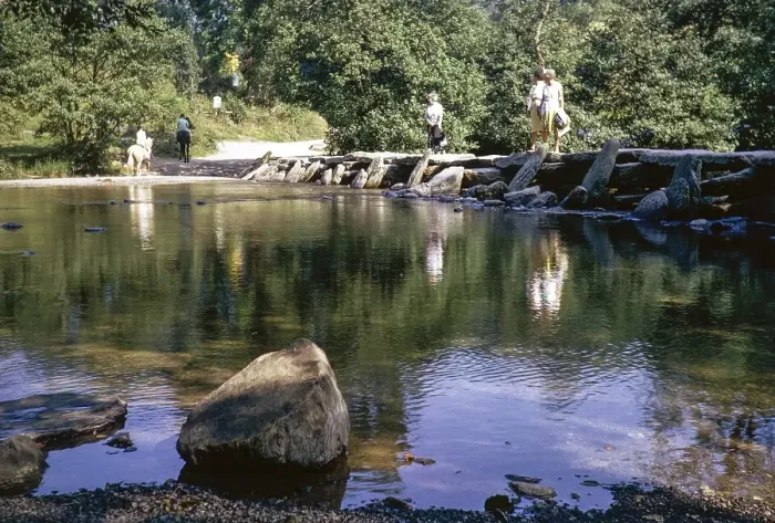 Framed Print : Tarr Steps bascule bridge, River Barle, Exmoor National Park, Somerset, England, Great Britain, autumn 1968