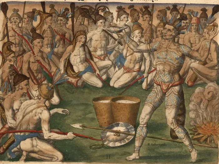 Framed Print : A tattooed Native American chief splashes water on his followers in preparation for war
