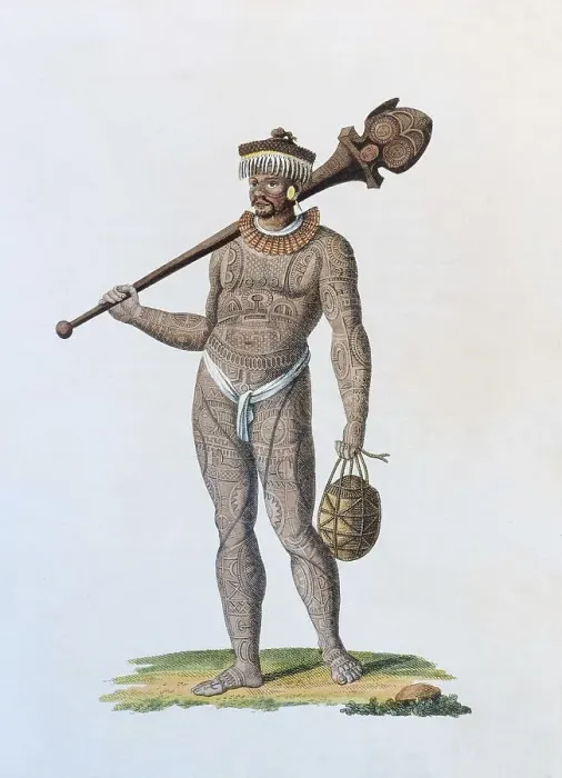 Framed Print : Tattooed Nukahi warrior with club and gourd Framed Print : Tattooed Nukahi warrior with club and gourd