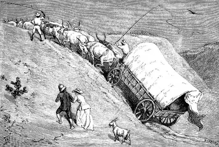 Framed Print : A team of oxen pulling a covered wagon up the steep riverbank after a river crossing, whips, couple, goat, colonial era, Namibia, former German colony, historical illustration 1886, Africa