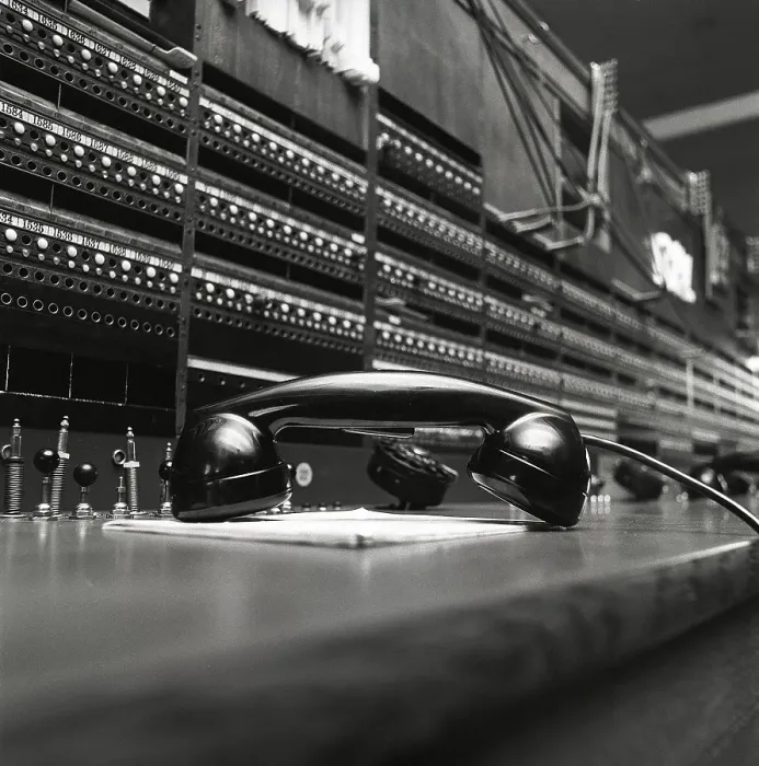 Framed Print : Telephony in the 1970s. Interior from an empty room with a large switchboard visible Framed Print : Telephony in the 1970s. Interior from an empty room with a large switchboard visible