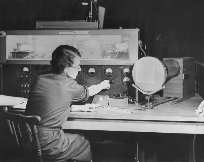 Framed Print : Television in the 1930s. A worker at GEC (General Electric Company of Great Britain) is testing the main television component, the cathode ray tube in the company's laboratories at Wembley Framed Print : Television in the 1930s. A worker at GEC (General Electric Company of Great Britain) is testing the main television component, the cathode ray tube in the company's laboratories at Wembley
