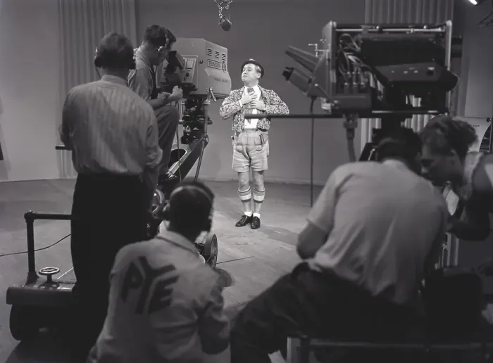 Framed Print : Television in the 1940s. Actor Max Hansen performing on live televison 1948 Framed Print : Television in the 1940s. Actor Max Hansen performing on live televison 1948