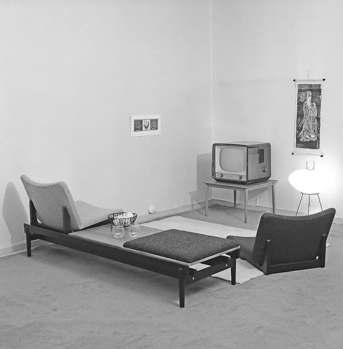 Framed Print : Television in the 1950s. Interior from a room with a typical 50s television set