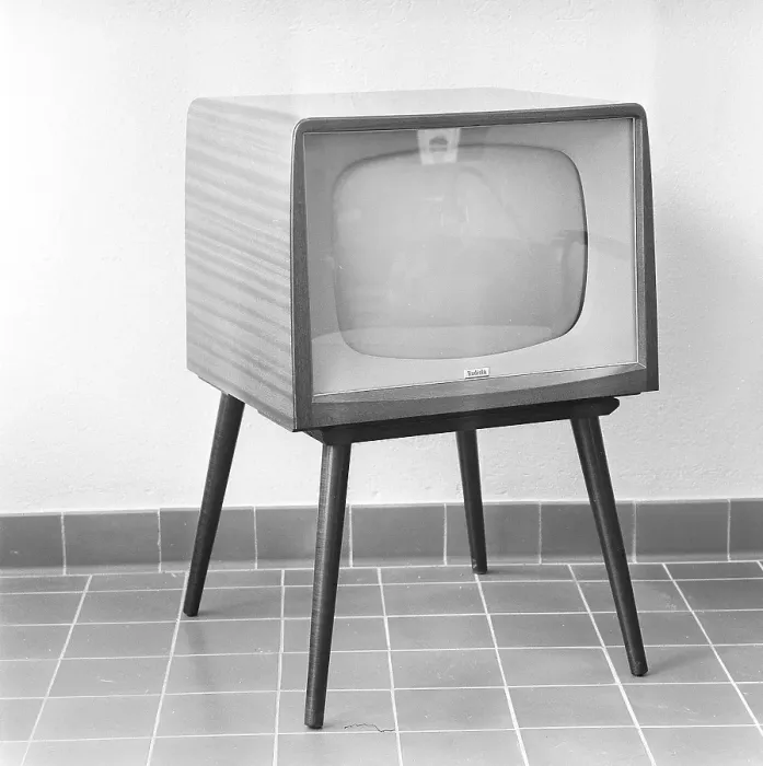 Framed Print : Television in the 1950s. A Radiola television set that was available for customers 1957