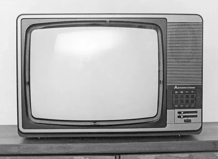 Framed Print : Television in the 1970s. A Mitsubishi tv set 1979