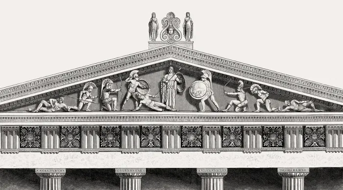 Framed Print : The Temple of Aphaia, reconstruction of the Western pediment Framed Print : The Temple of Aphaia, reconstruction of the Western pediment