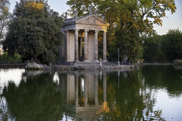 Framed Print : Temple of Asclepius, Villa Borghese lake