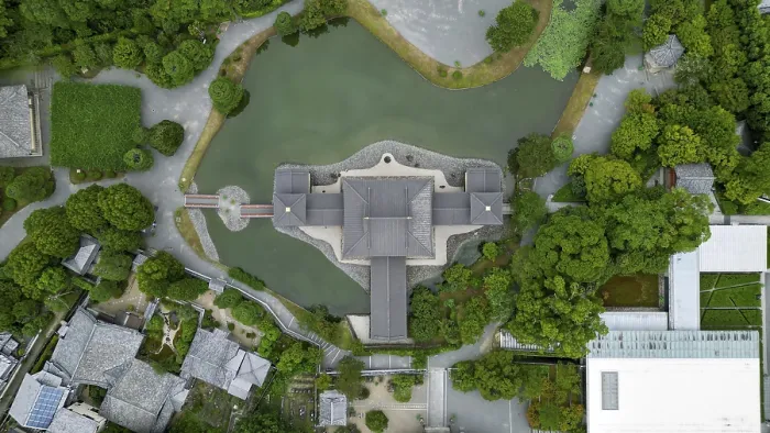 Framed Print : Temple complex in a Japanese village photographed with a drone