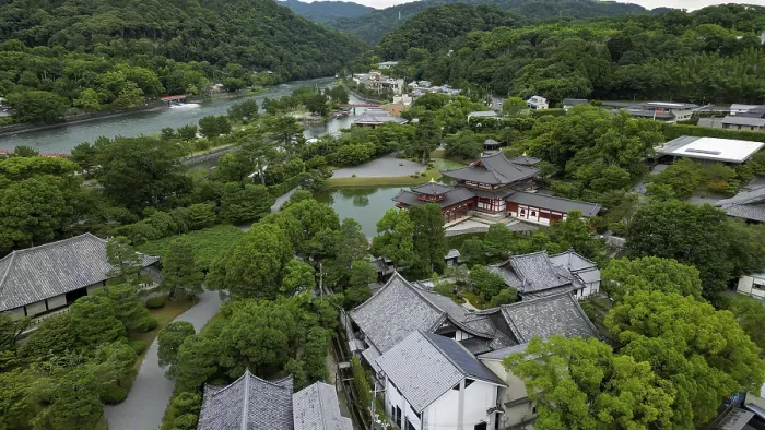 Framed Print : Temple complex in a Japanese village photographed with a drone