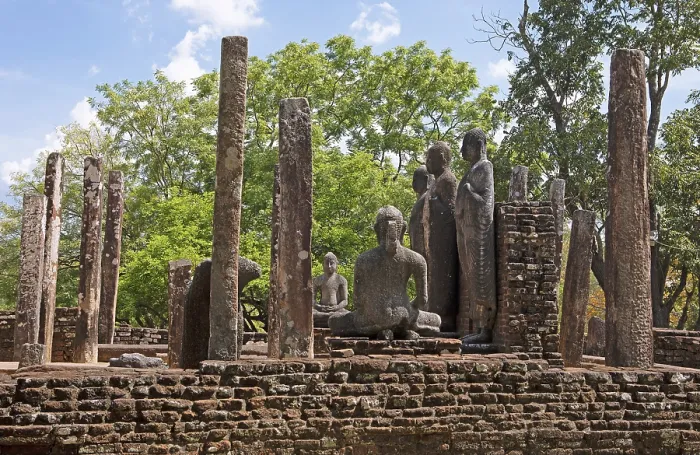Framed Print : Temple remains and Buddha statues