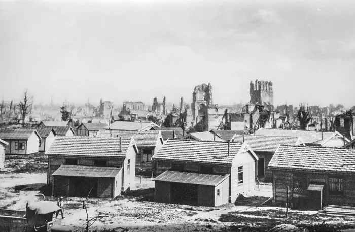 Framed Print : Temporary wooden houses, huts, emergency dwellings for First World War One Flemish civilian victims in 1919 at Ypres Framed Print : Temporary wooden houses, huts, emergency dwellings for First World War One Flemish civilian victims in 1919 at Ypres