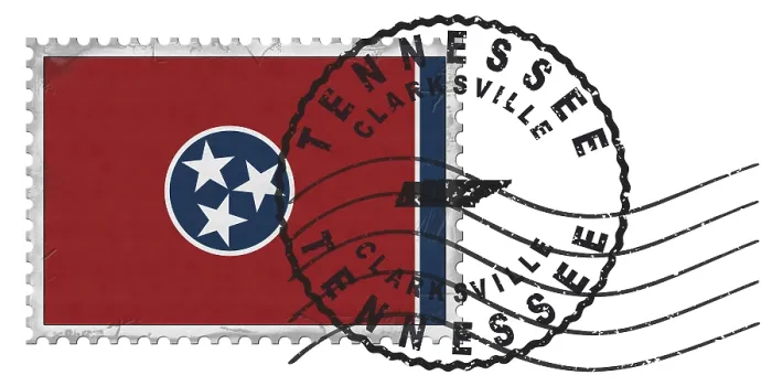Framed Print : Tennessee Clarksville Stamp with National Flag and Postmark Framed Print : Tennessee Clarksville Stamp with National Flag and Postmark