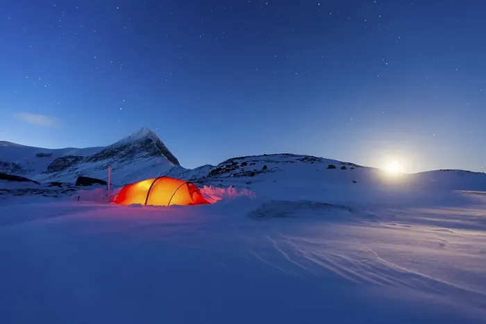 Framed Print : Tent by full moon in the snow, Kungsleden or king's trail