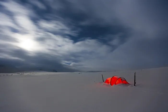 Framed Print : Tent by full moon in the snow, Kungsleden or king's trail