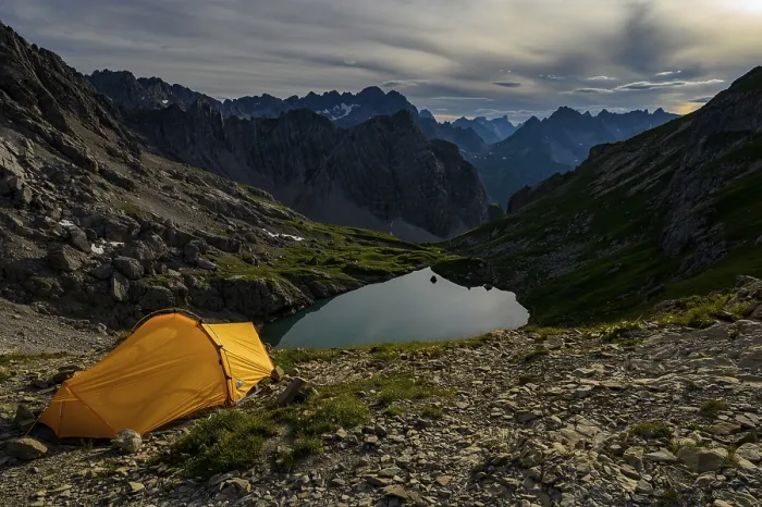 Framed Print : Tent in mountain landscape with Lake Guffelsee and Lechtaler Alps Framed Print : Tent in mountain landscape with Lake Guffelsee and Lechtaler Alps