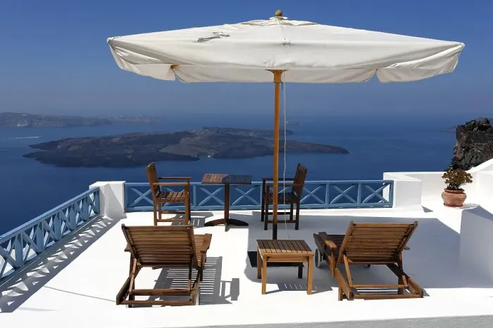 Framed Print : Terrace of a hotel in Imerovigli in Santorin in the Aegean Framed Print : Terrace of a hotel in Imerovigli in Santorin in the Aegean