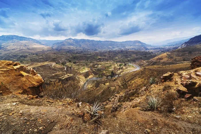 Framed Print : Terrace, mountain and river in a sunny day. Peru Framed Print : Terrace, mountain and river in a sunny day. Peru