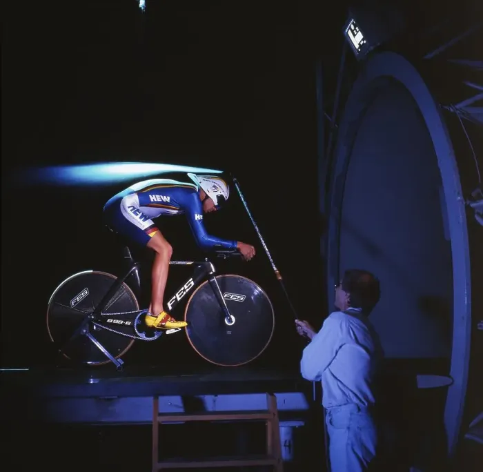 Framed Print : Testing an olympic bicycle in the wind tunnel of the TU Dresden