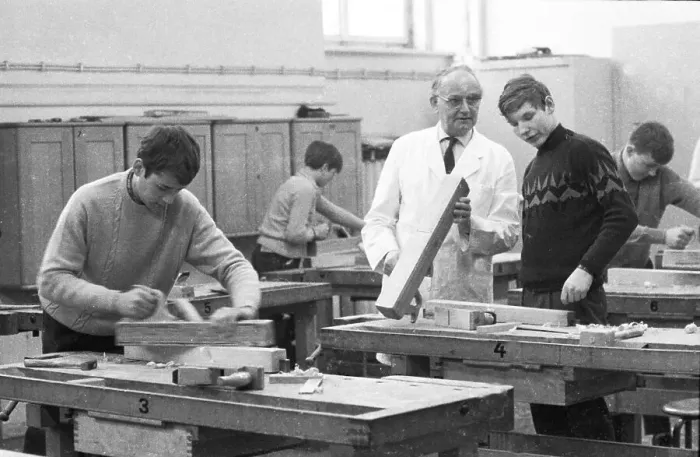 Framed Print : Theory and practice in 1965 at a vocational school in Bochum