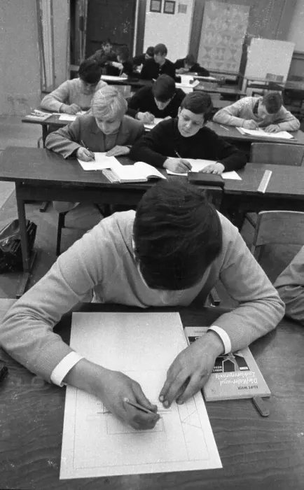 Framed Print : Theory and practice in 1965 at a vocational school in Bochum