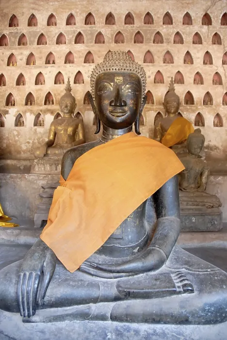 Framed Print : Theravada Buddhism, ancient Buddha statue in bronze in meditation