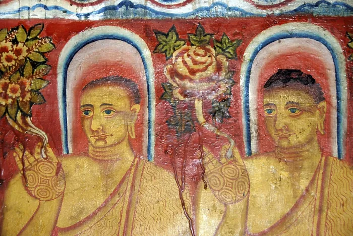 Framed Print : Theravada Buddhism, old mural, Buddhas with halos holding flowers in their hands Framed Print : Theravada Buddhism, old mural, Buddhas with halos holding flowers in their hands