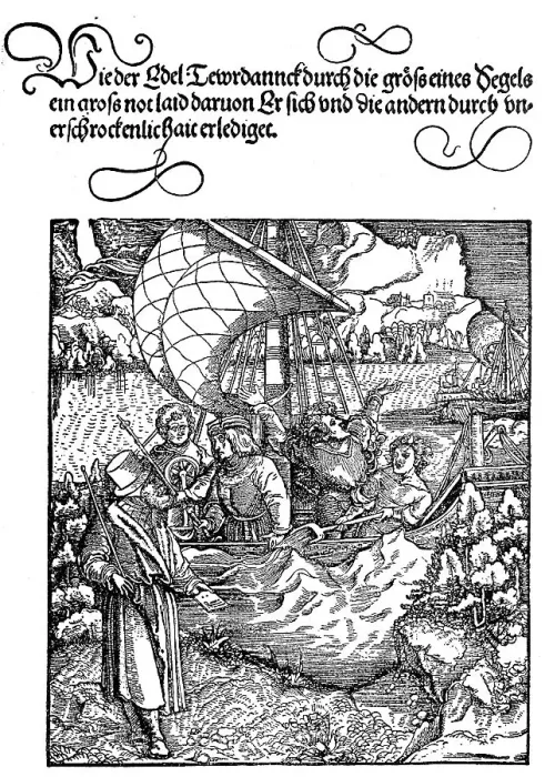 Framed Print : From Theuerdank: Theuerdank has too large sails cut off in a storm on the malicious advice of Unfalo